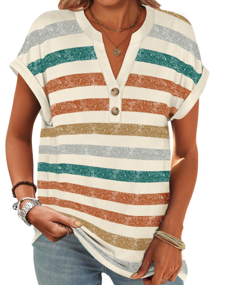 Manon Top Femme – Blouse Henley Col V Boutonné, Coupe Fluide Casual Chic Été