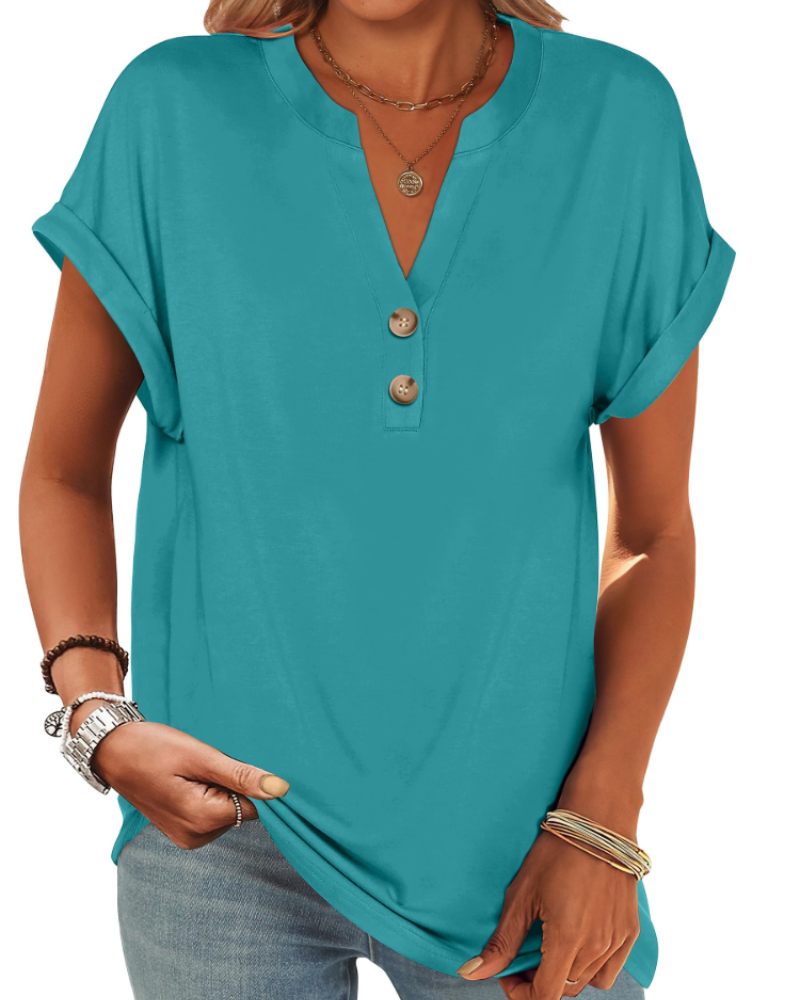 Manon Top Femme – Blouse Henley Col V Boutonné, Coupe Fluide Casual Chic Été