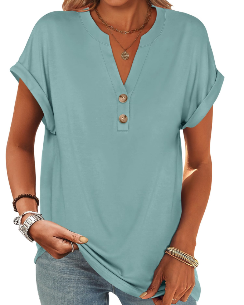 Manon Top Femme – Blouse Henley Col V Boutonné, Coupe Fluide Casual Chic Été