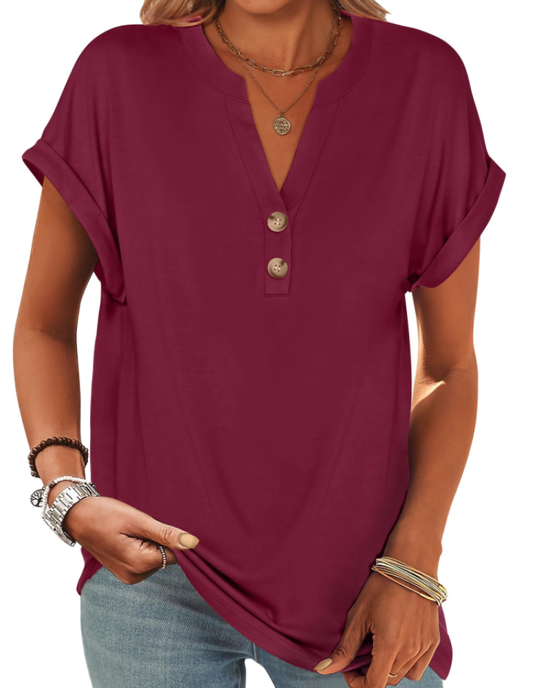 Manon Top Femme – Blouse Henley Col V Boutonné, Coupe Fluide Casual Chic Été