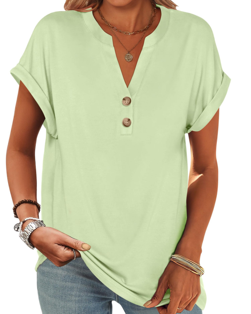 Manon Top Femme – Blouse Henley Col V Boutonné, Coupe Fluide Casual Chic Été