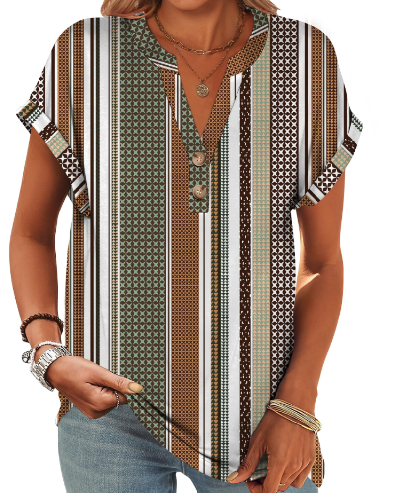 Manon Top Femme – Blouse Henley Col V Boutonné, Coupe Fluide Casual Chic Été