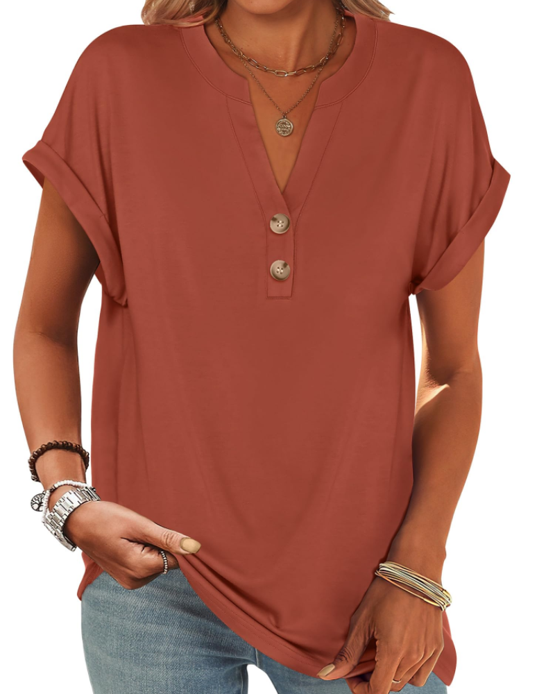 Manon Top Femme – Blouse Henley Col V Boutonné, Coupe Fluide Casual Chic Été