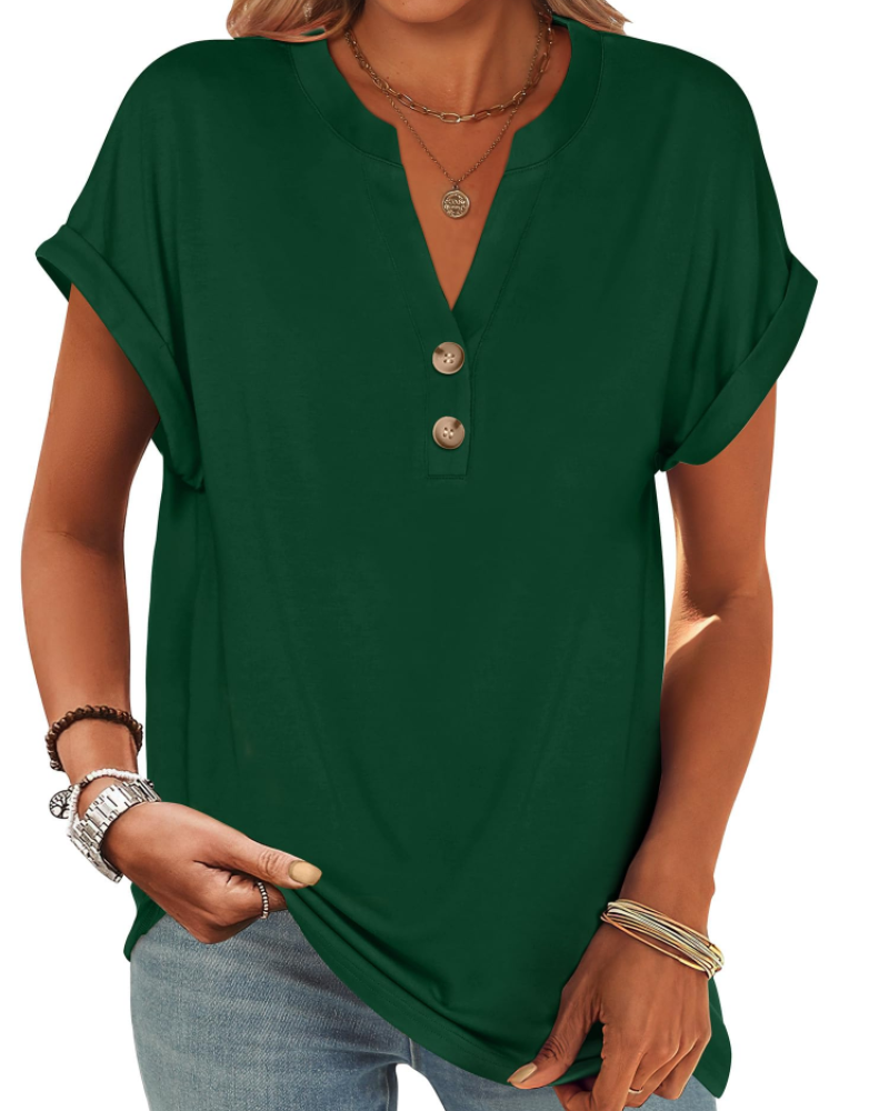 Manon Top Femme – Blouse Henley Col V Boutonné, Coupe Fluide Casual Chic Été