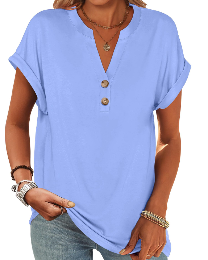Manon Top Femme – Blouse Henley Col V Boutonné, Coupe Fluide Casual Chic Été