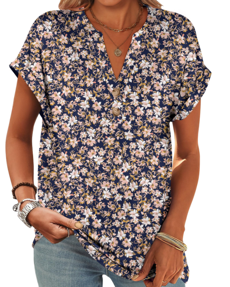 Manon Top Femme – Blouse Henley Col V Boutonné, Coupe Fluide Casual Chic Été