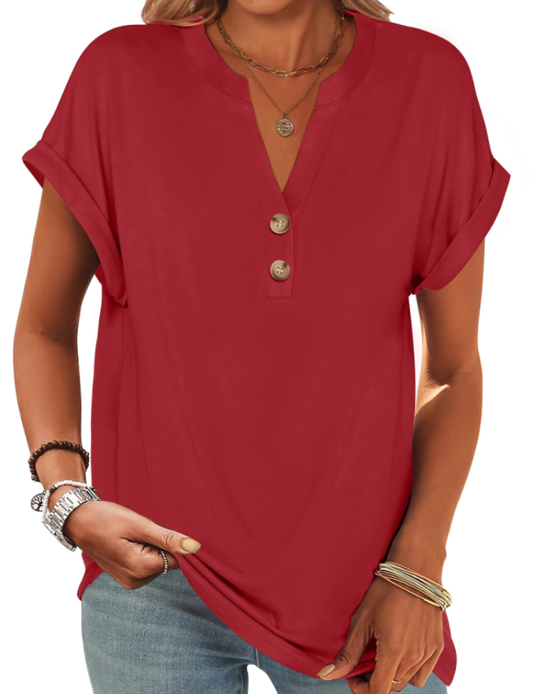 Manon Top Femme – Blouse Henley Col V Boutonné, Coupe Fluide Casual Chic Été