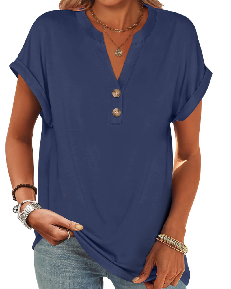 Manon Top Femme – Blouse Henley Col V Boutonné, Coupe Fluide Casual Chic Été
