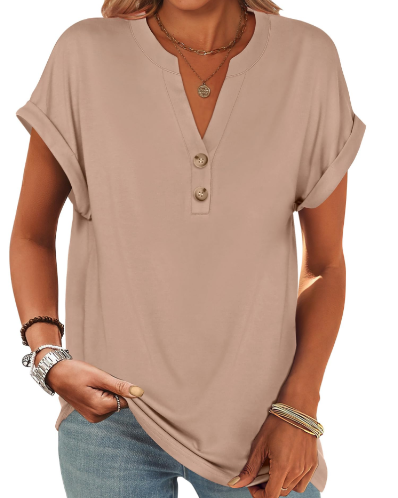 Manon Top Femme – Blouse Henley Col V Boutonné, Coupe Fluide Casual Chic Été