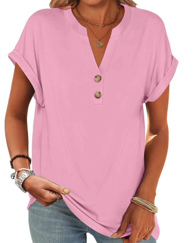 Manon Top Femme – Blouse Henley Col V Boutonné, Coupe Fluide Casual Chic Été