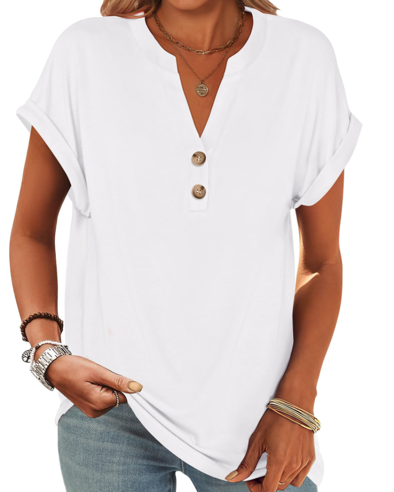 Manon Top Femme – Blouse Henley Col V Boutonné, Coupe Fluide Casual Chic Été