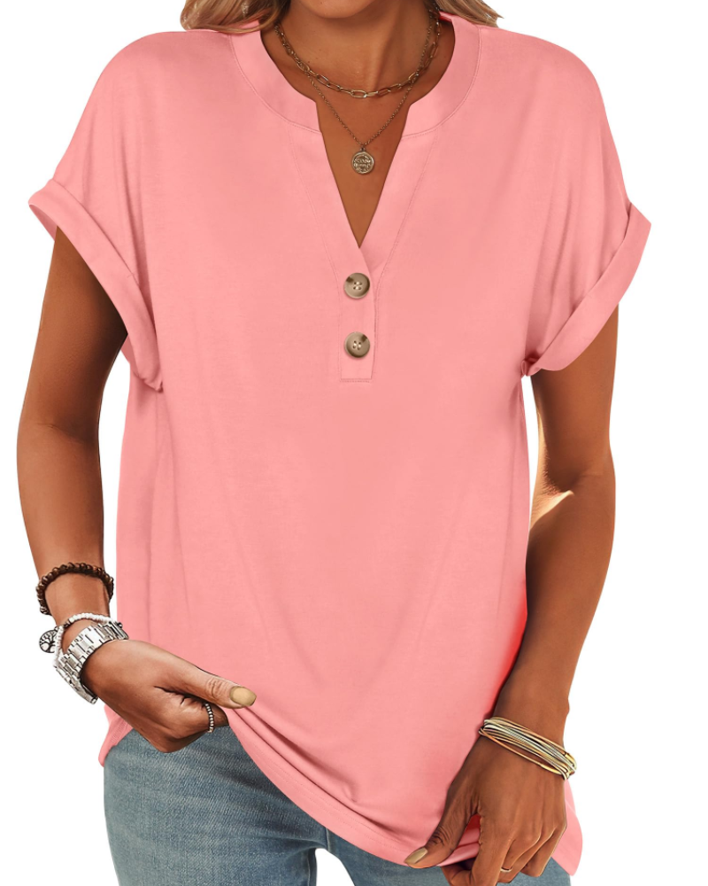 Manon Top Femme – Blouse Henley Col V Boutonné, Coupe Fluide Casual Chic Été