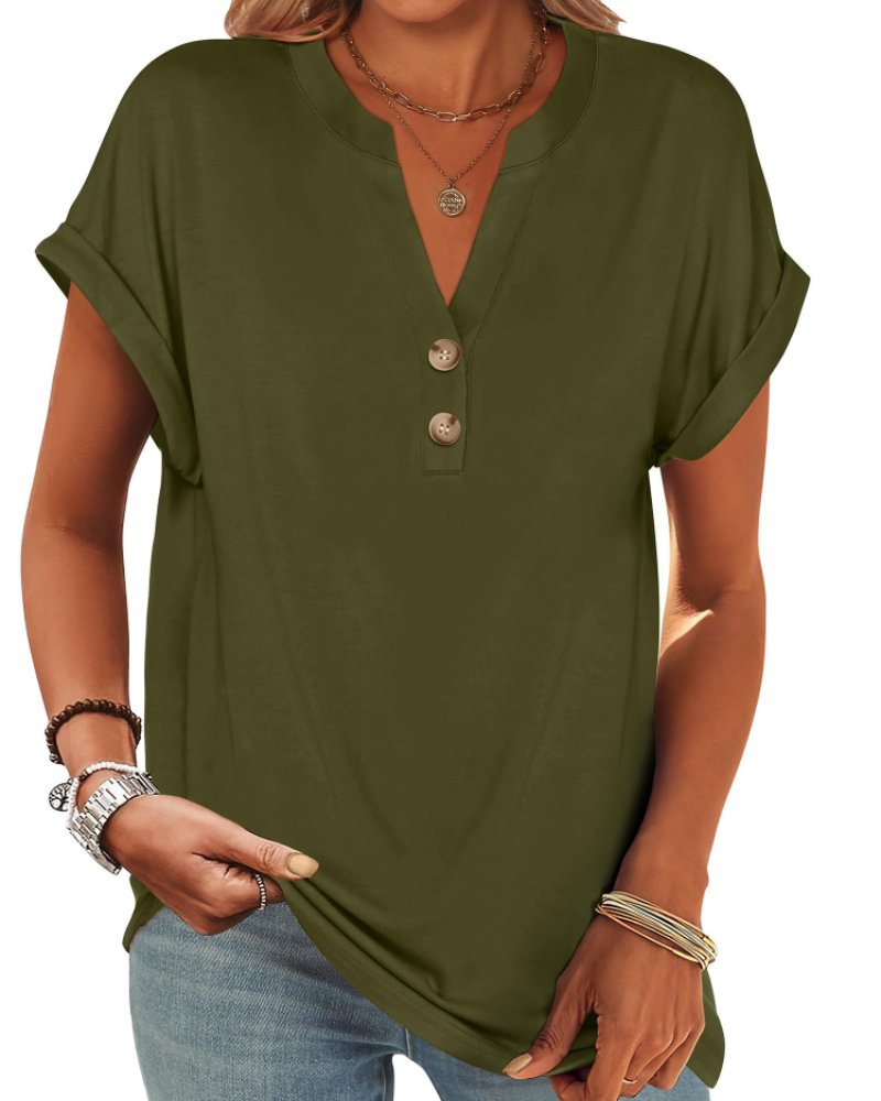 Manon Top Femme – Blouse Henley Col V Boutonné, Coupe Fluide Casual Chic Été
