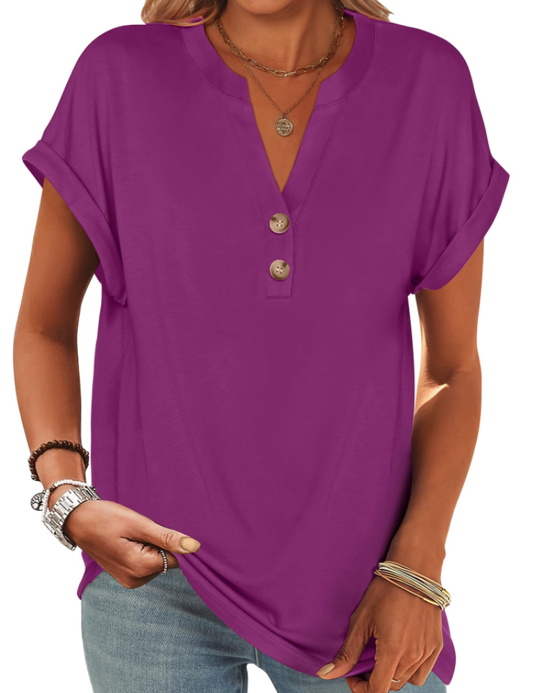 Manon Top Femme – Blouse Henley Col V Boutonné, Coupe Fluide Casual Chic Été