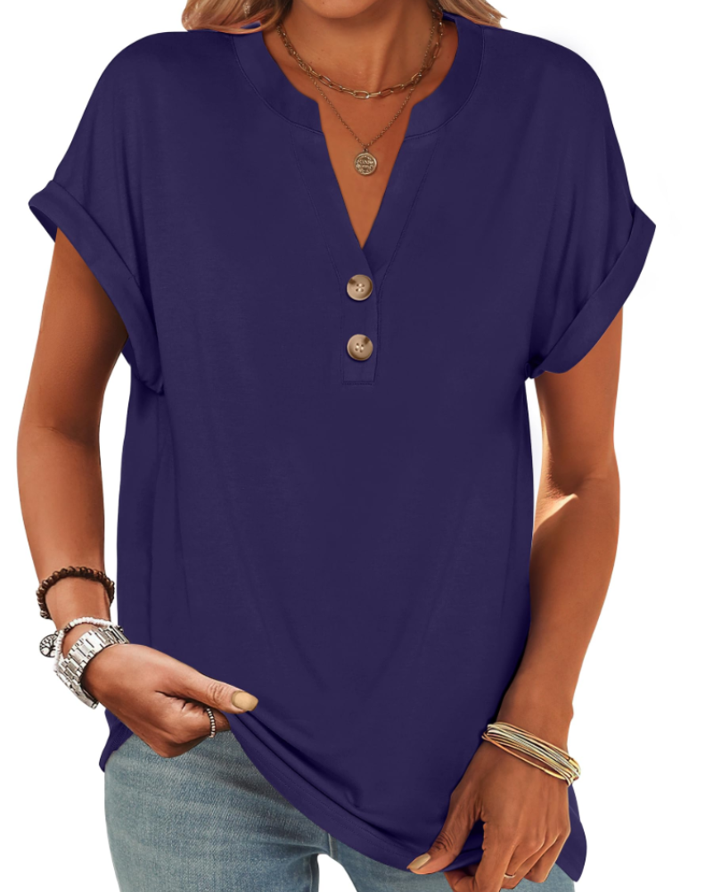 Manon Top Femme – Blouse Henley Col V Boutonné, Coupe Fluide Casual Chic Été