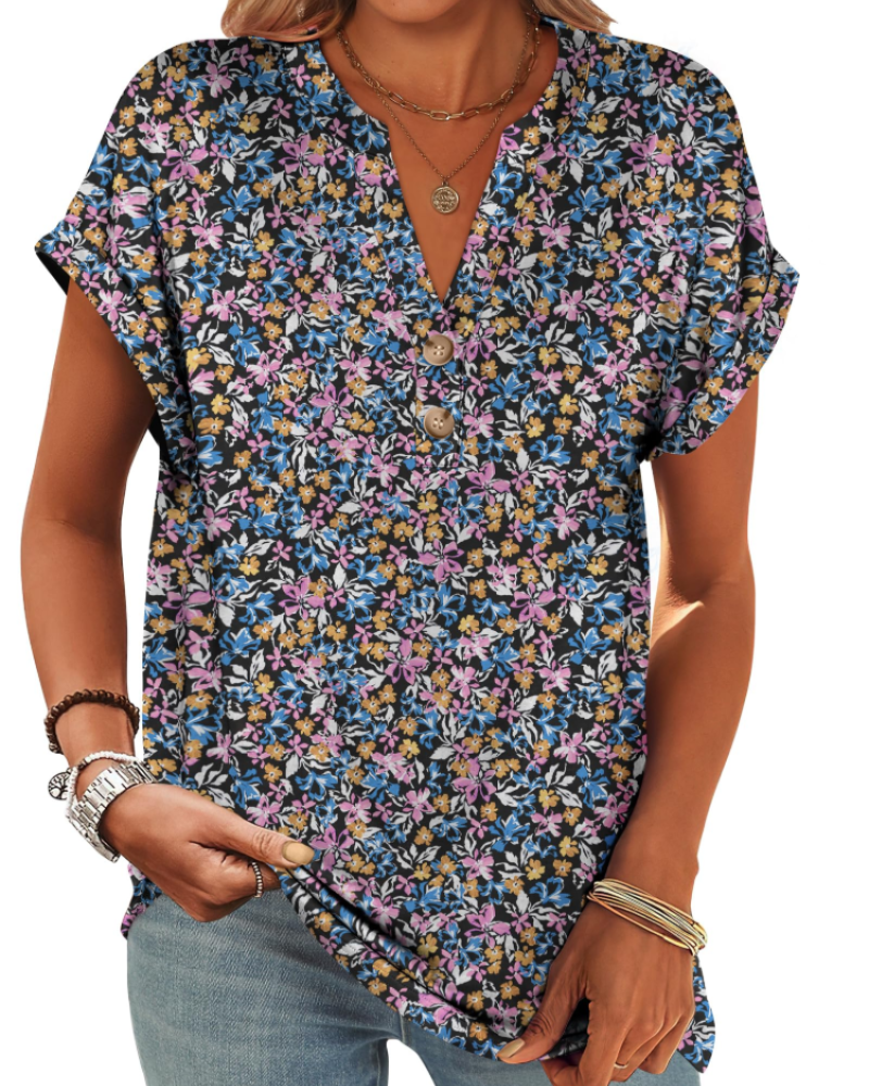 Manon Top Femme – Blouse Henley Col V Boutonné, Coupe Fluide Casual Chic Été