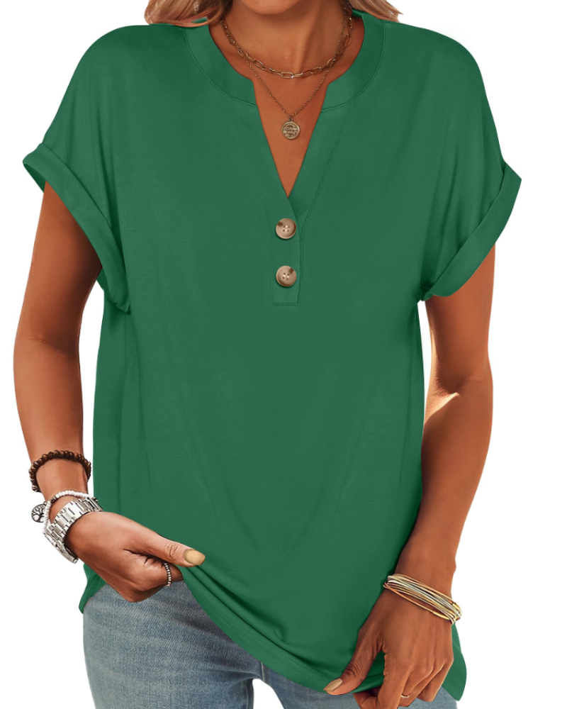 Manon Top Femme – Blouse Henley Col V Boutonné, Coupe Fluide Casual Chic Été