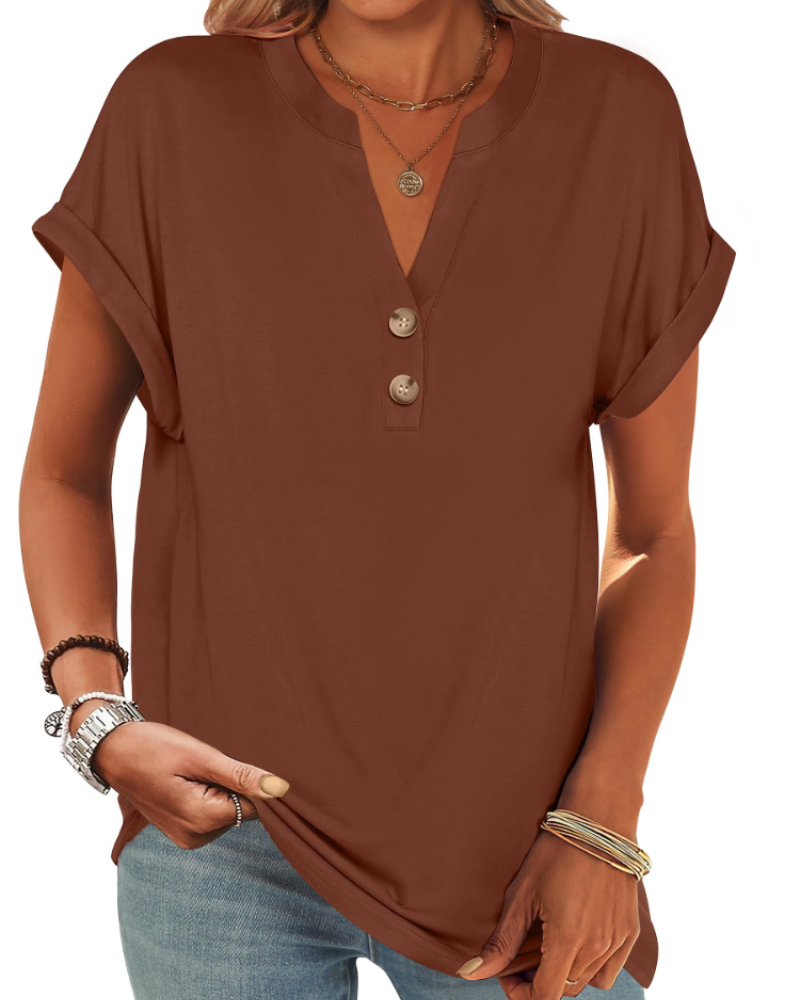 Manon Top Femme – Blouse Henley Col V Boutonné, Coupe Fluide Casual Chic Été