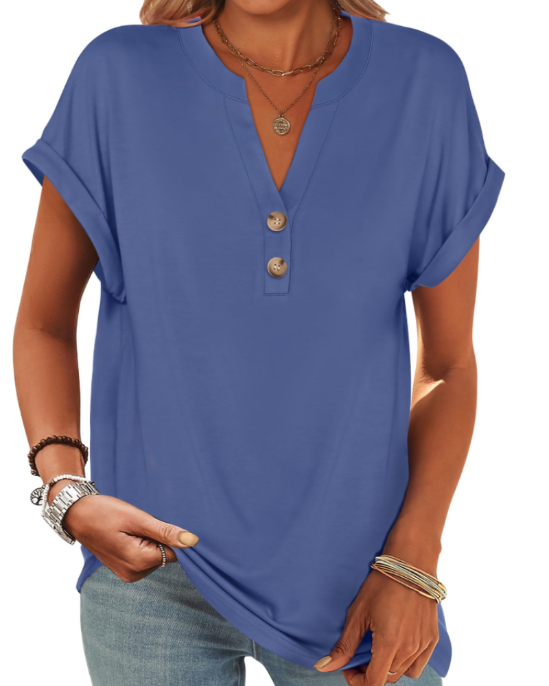 Manon Top Femme – Blouse Henley Col V Boutonné, Coupe Fluide Casual Chic Été