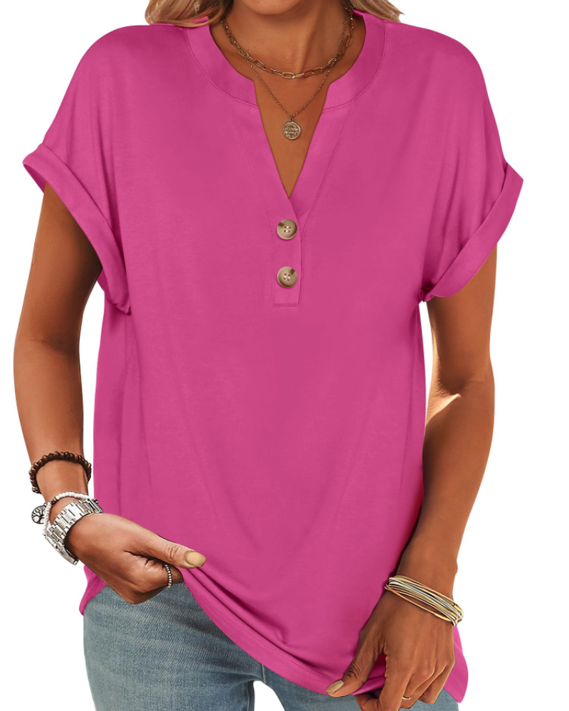 Manon Top Femme – Blouse Henley Col V Boutonné, Coupe Fluide Casual Chic Été
