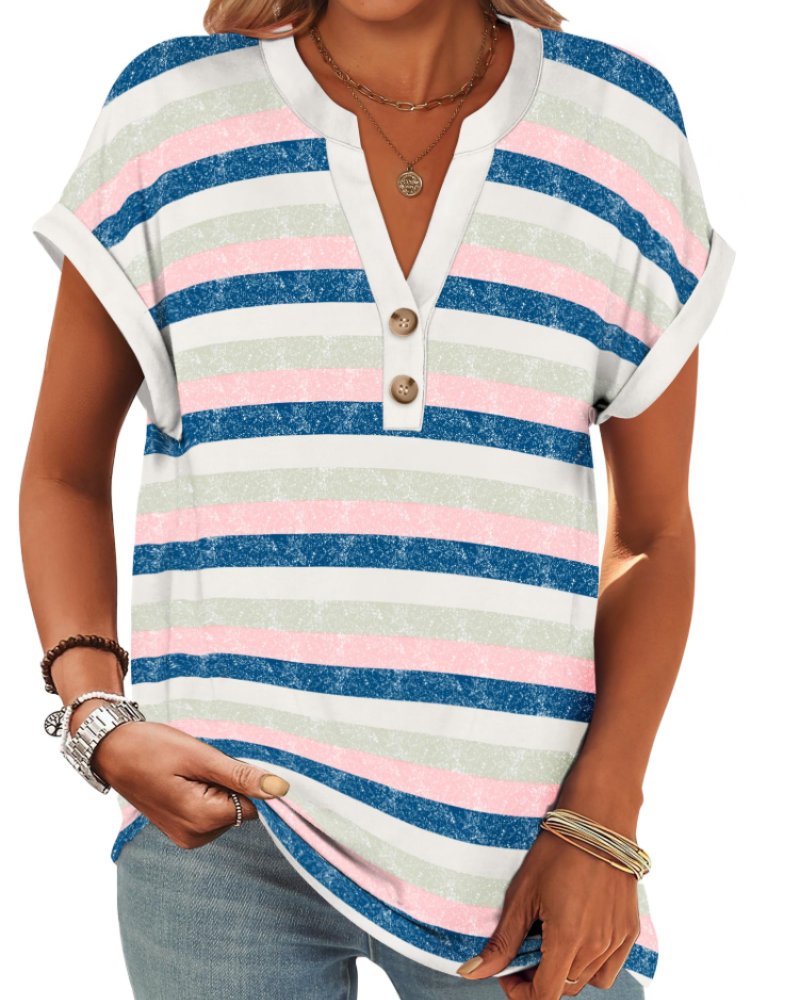 Manon Top Femme – Blouse Henley Col V Boutonné, Coupe Fluide Casual Chic Été