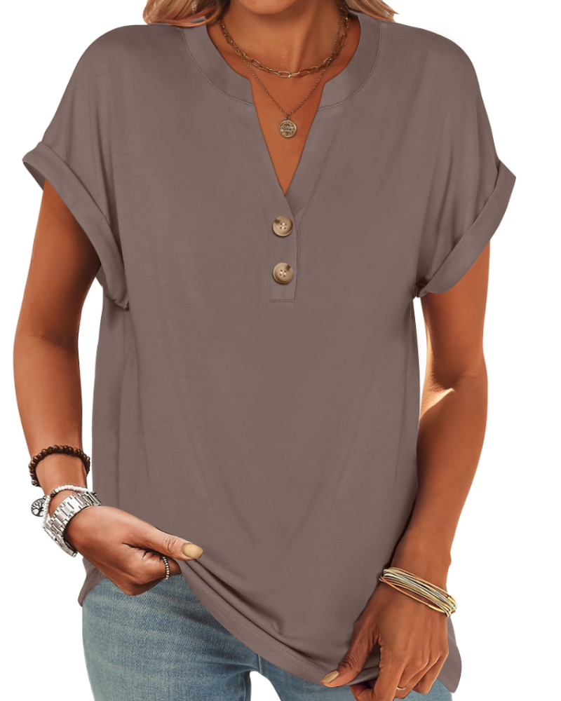 Manon Top Femme – Blouse Henley Col V Boutonné, Coupe Fluide Casual Chic Été