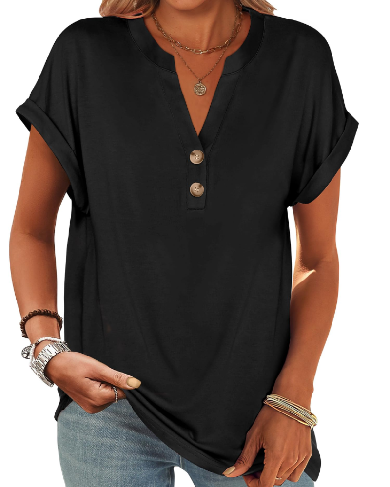 Manon Top Femme – Blouse Henley Col V Boutonné, Coupe Fluide Casual Chic Été