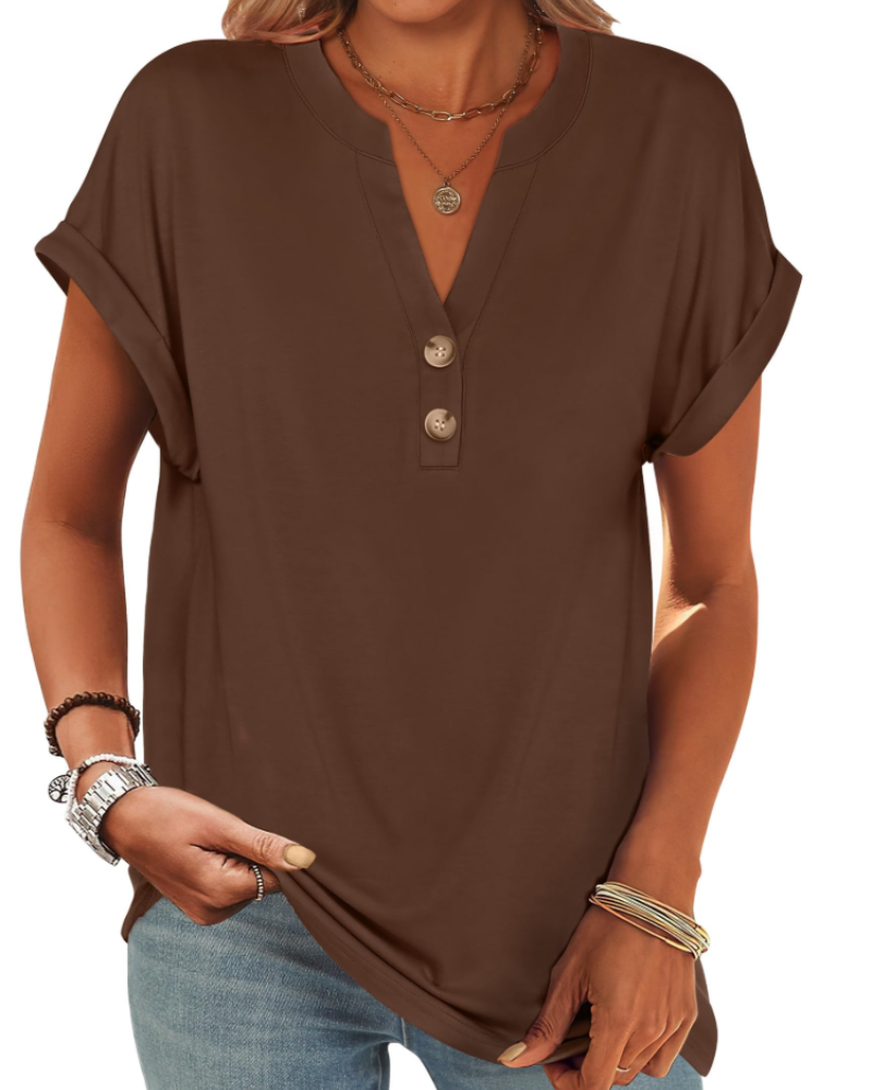 Manon Top Femme – Blouse Henley Col V Boutonné, Coupe Fluide Casual Chic Été