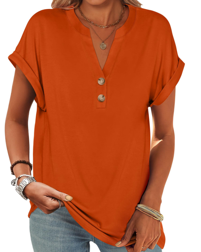 Manon Top Femme – Blouse Henley Col V Boutonné, Coupe Fluide Casual Chic Été