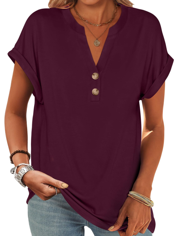 Manon Top Femme – Blouse Henley Col V Boutonné, Coupe Fluide Casual Chic Été