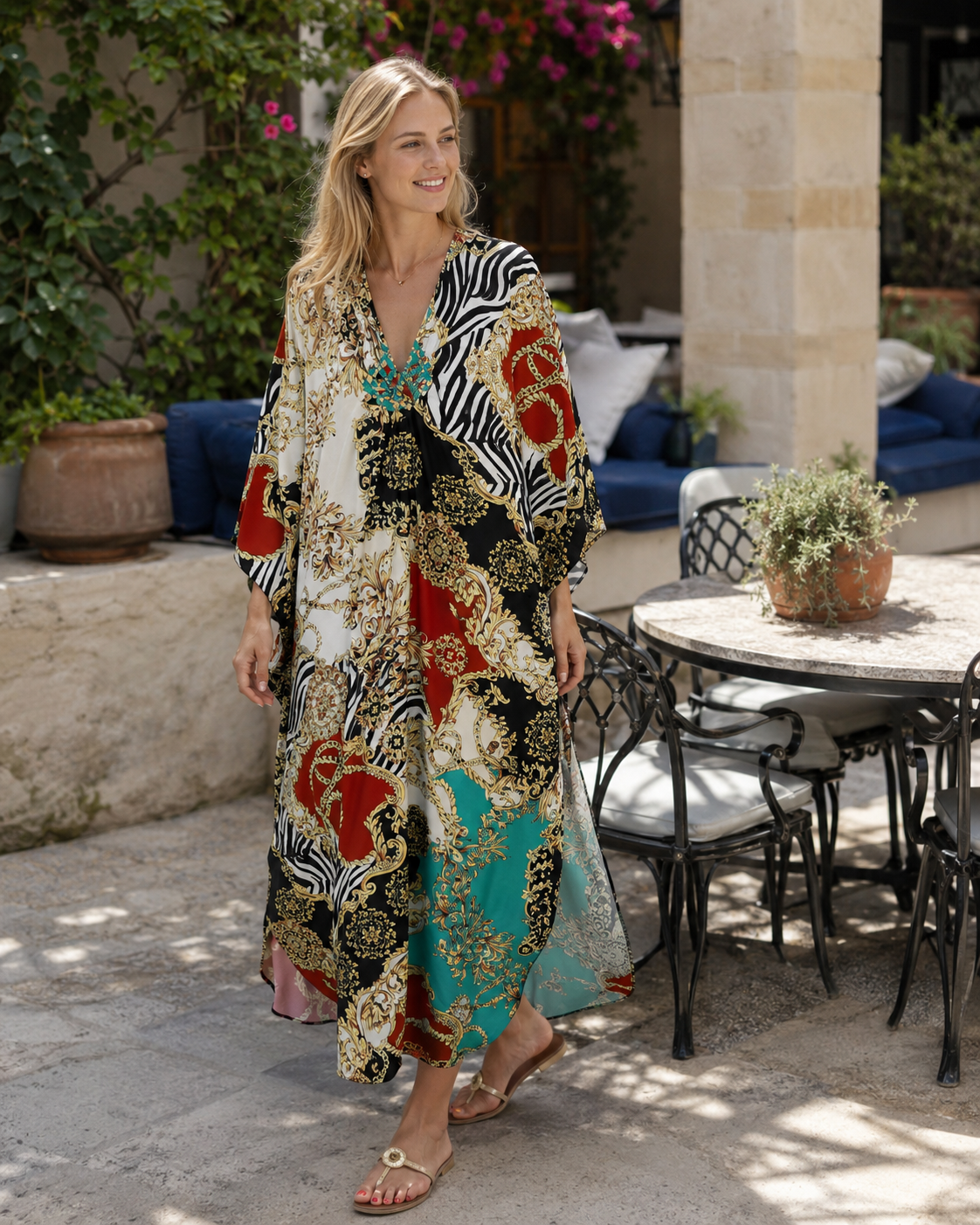 Serena dámský kaftan s výstřihem do V – maxi bohémské šaty a plážový krytí