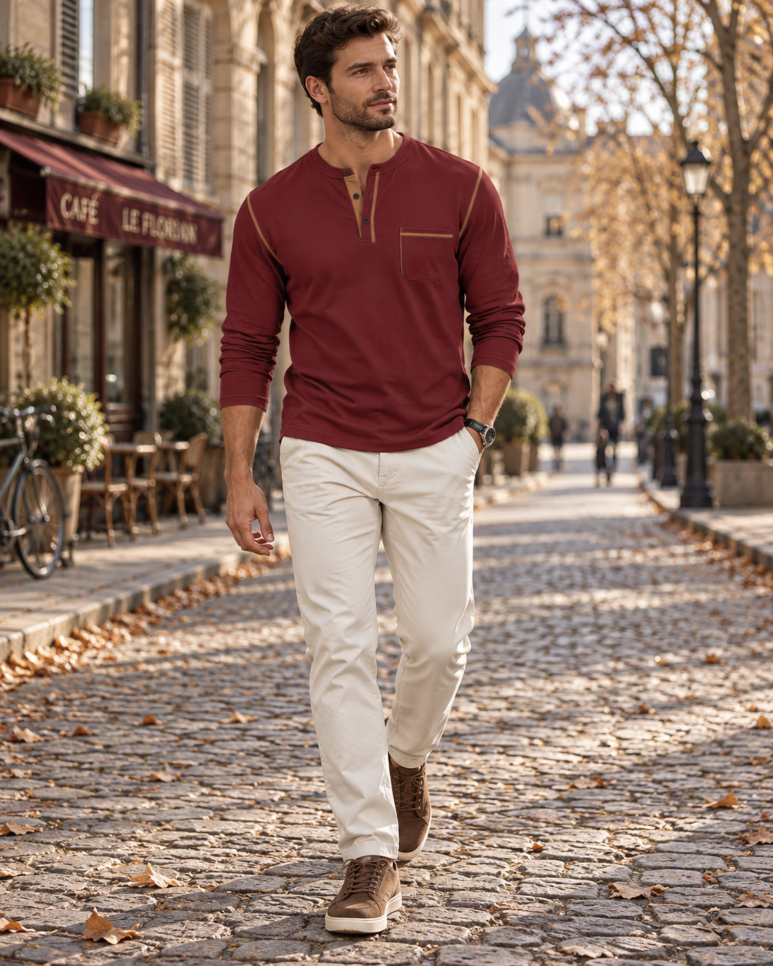 Dorotheo Haut Henley Homme – Manches Longues, Col 3 Boutons & Poche Poitrine