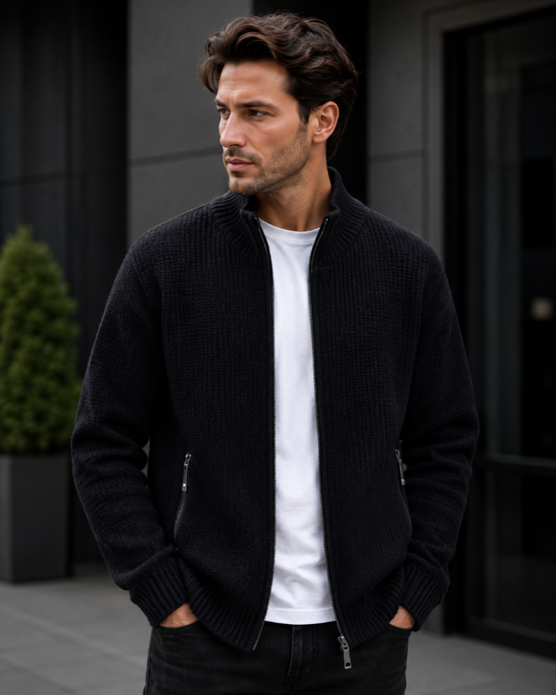 Jill Cardigan Zippé Homme – Maille Épaisse à Col Montant et Poches Zippées