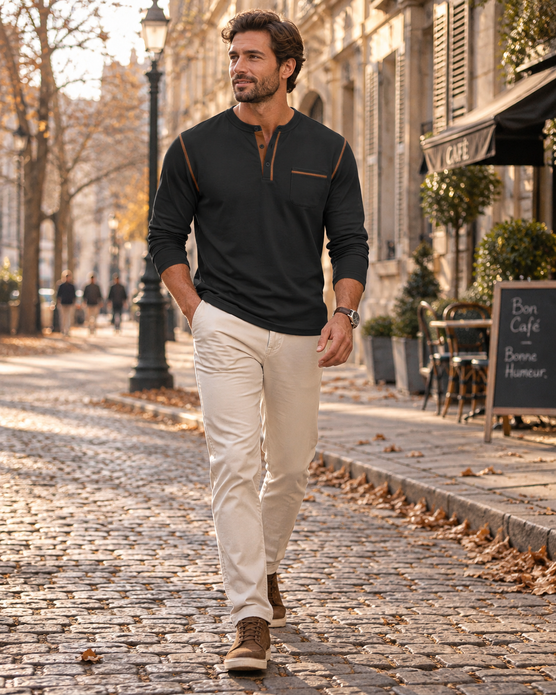 Dorotheo Haut Henley Homme – Manches Longues, Col 3 Boutons & Poche Poitrine