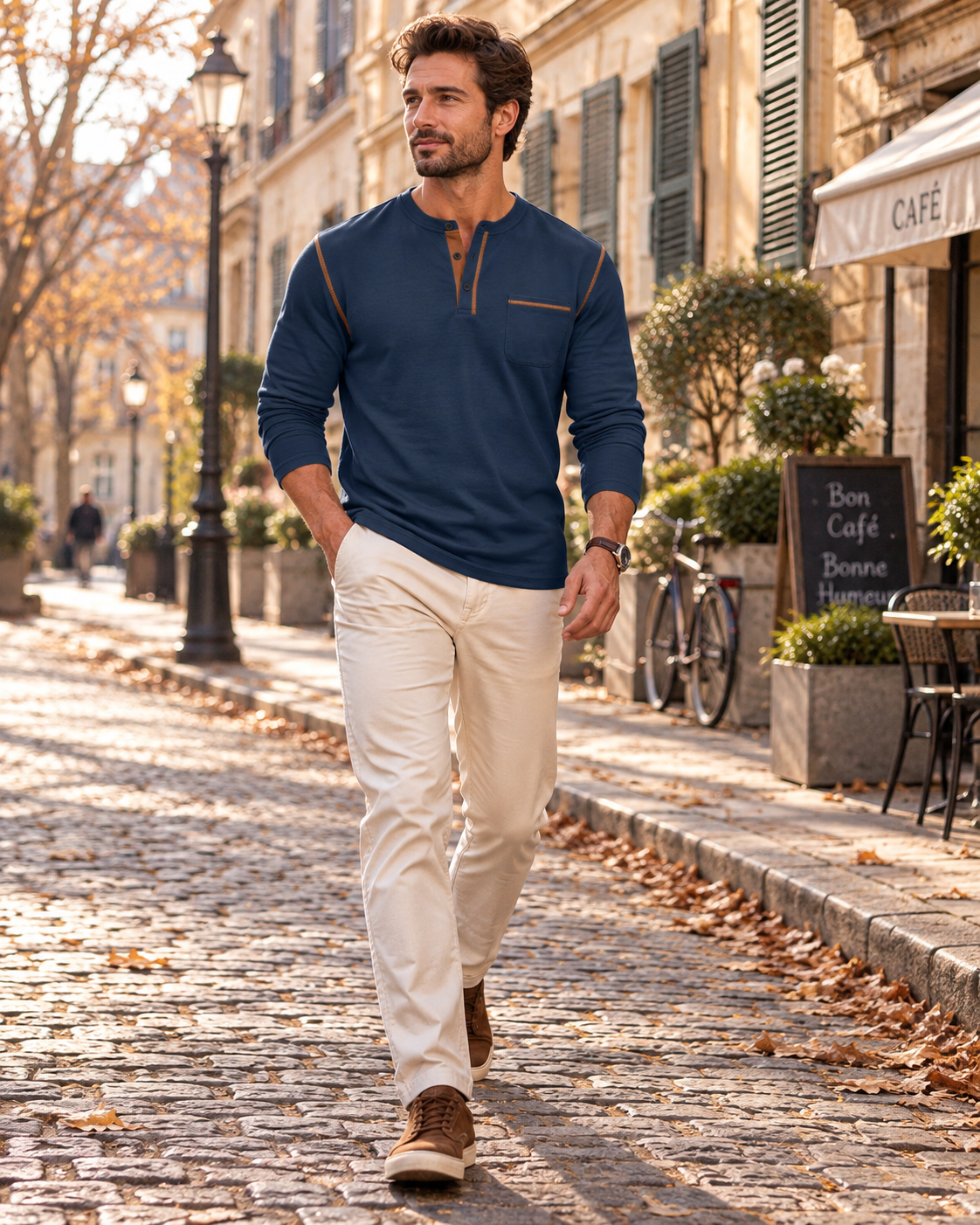 Dorotheo Haut Henley Homme – Manches Longues, Col 3 Boutons & Poche Poitrine