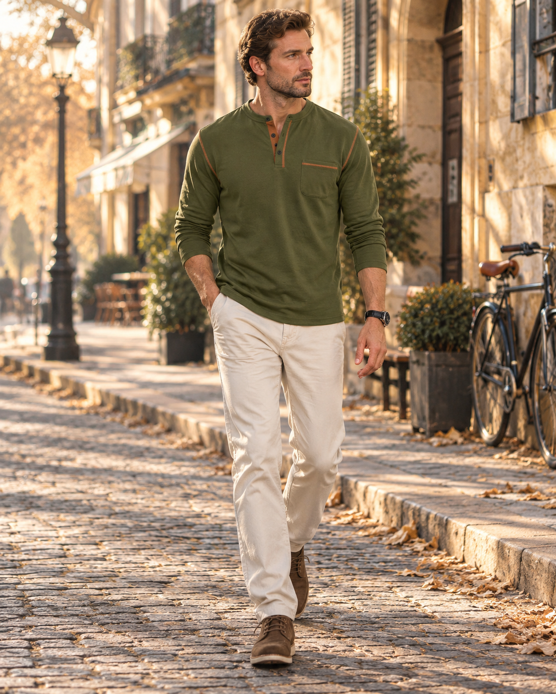 Dorotheo Haut Henley Homme – Manches Longues, Col 3 Boutons & Poche Poitrine