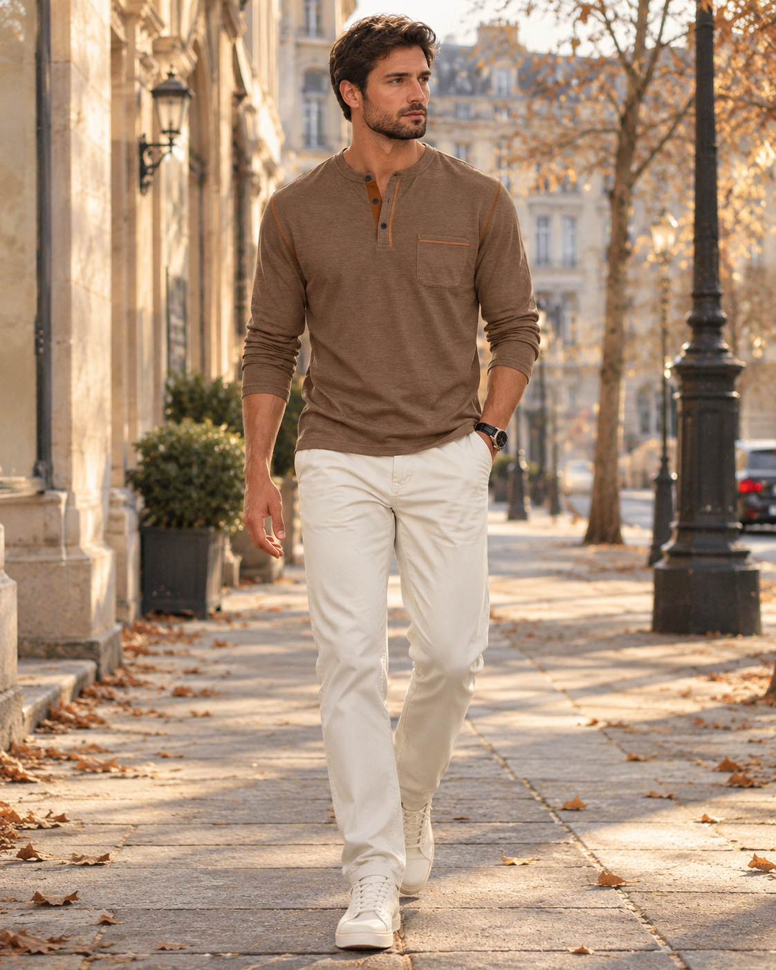 Dorotheo Haut Henley Homme – Manches Longues, Col 3 Boutons & Poche Poitrine