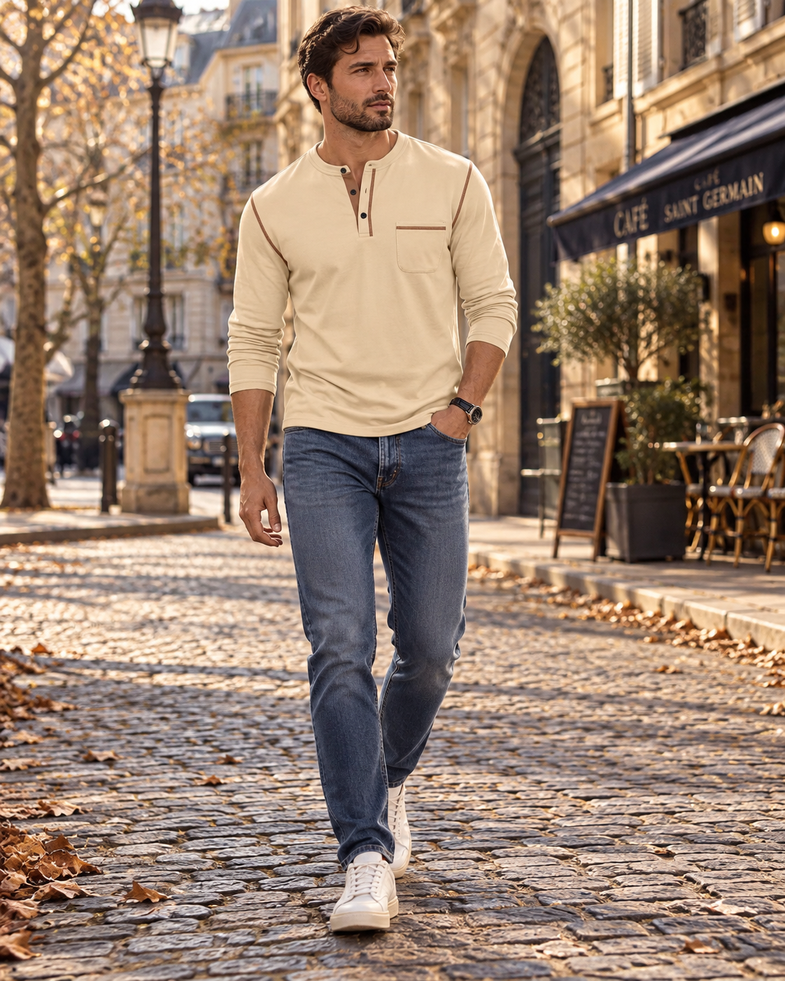 Dorotheo Haut Henley Homme – Manches Longues, Col 3 Boutons & Poche Poitrine