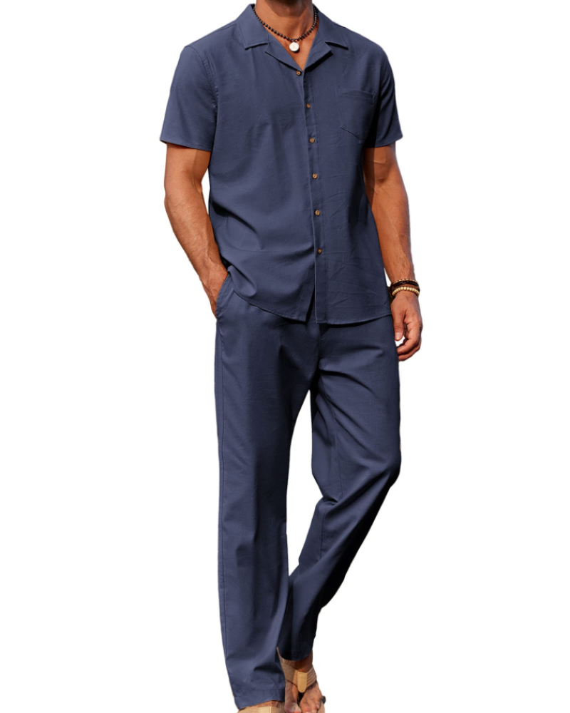 Conjunto de homem Maëlan de 2 peças – Camisa com gola cubana e calças largas em algodão, viscose e linho