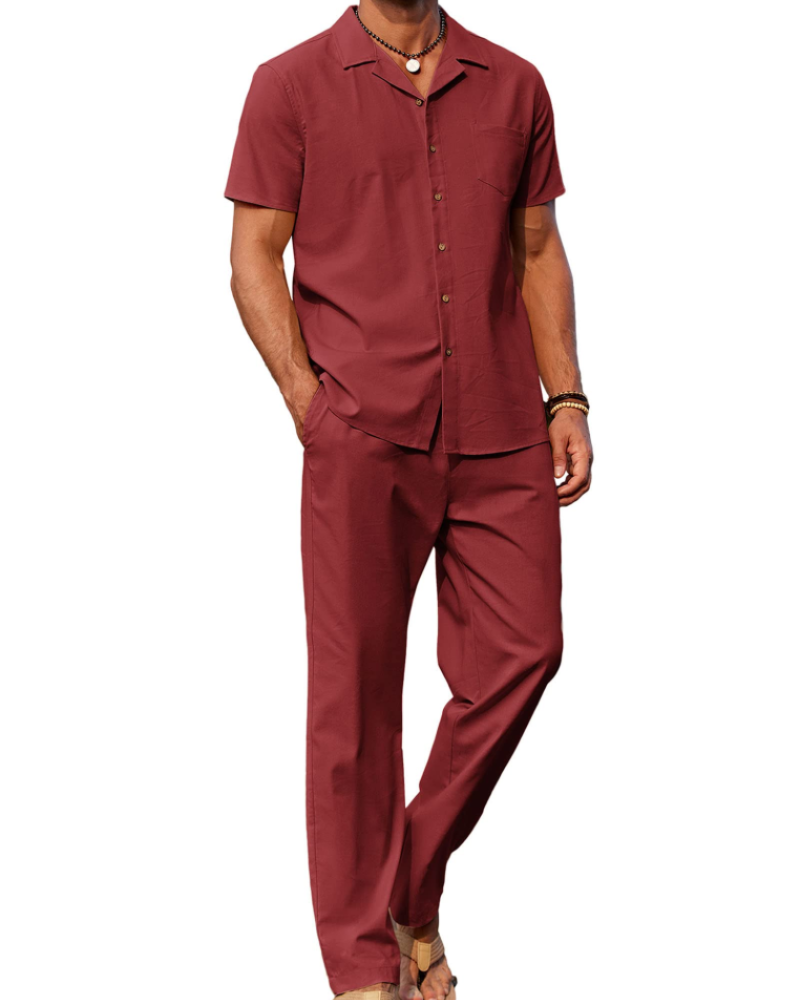 Conjunto de homem Maëlan de 2 peças – Camisa com gola cubana e calças largas em algodão, viscose e linho
