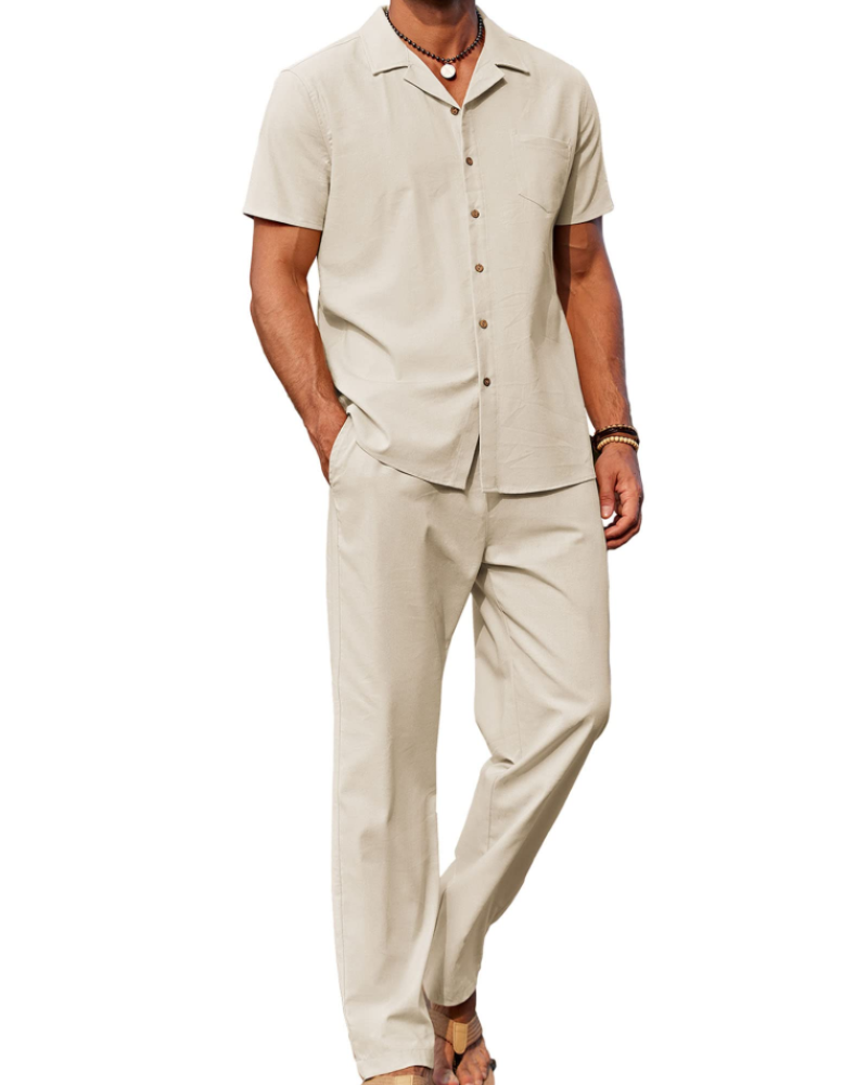 Conjunto de homem Maëlan de 2 peças – Camisa com gola cubana e calças largas em algodão, viscose e linho