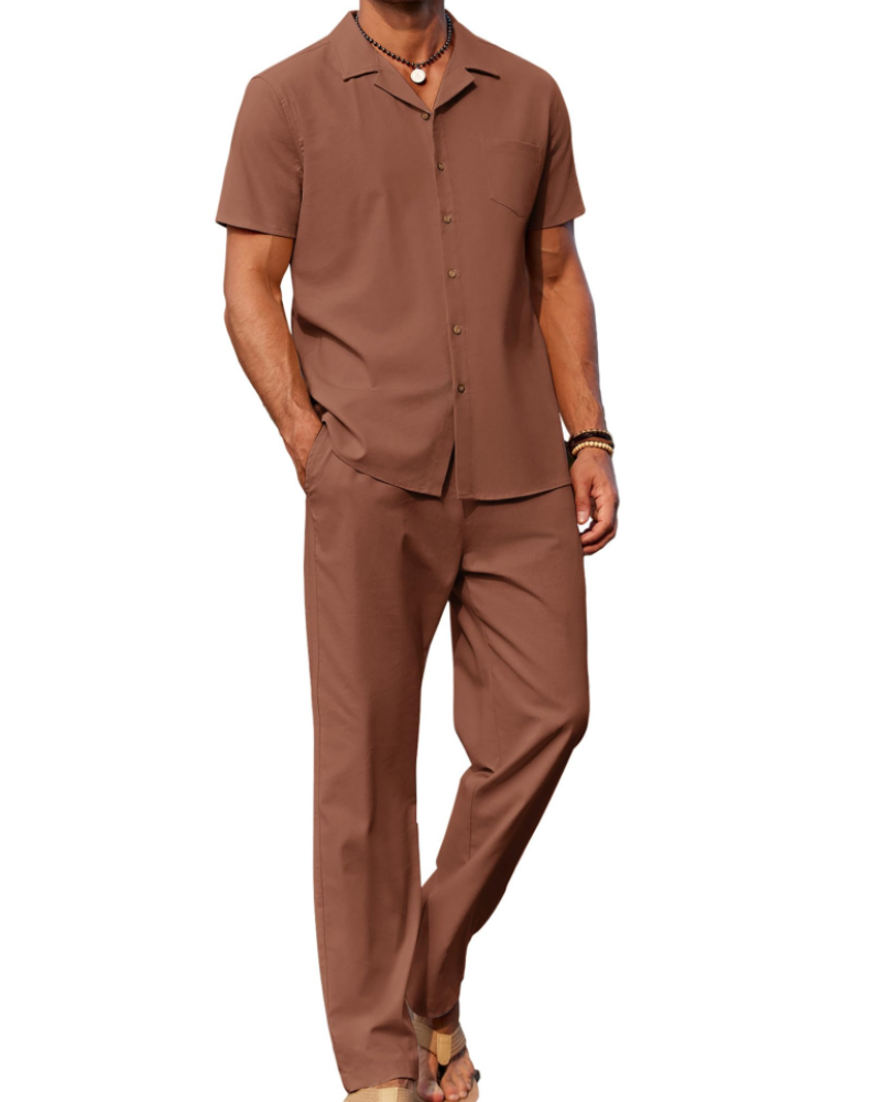 Conjunto de homem Maëlan de 2 peças – Camisa com gola cubana e calças largas em algodão, viscose e linho