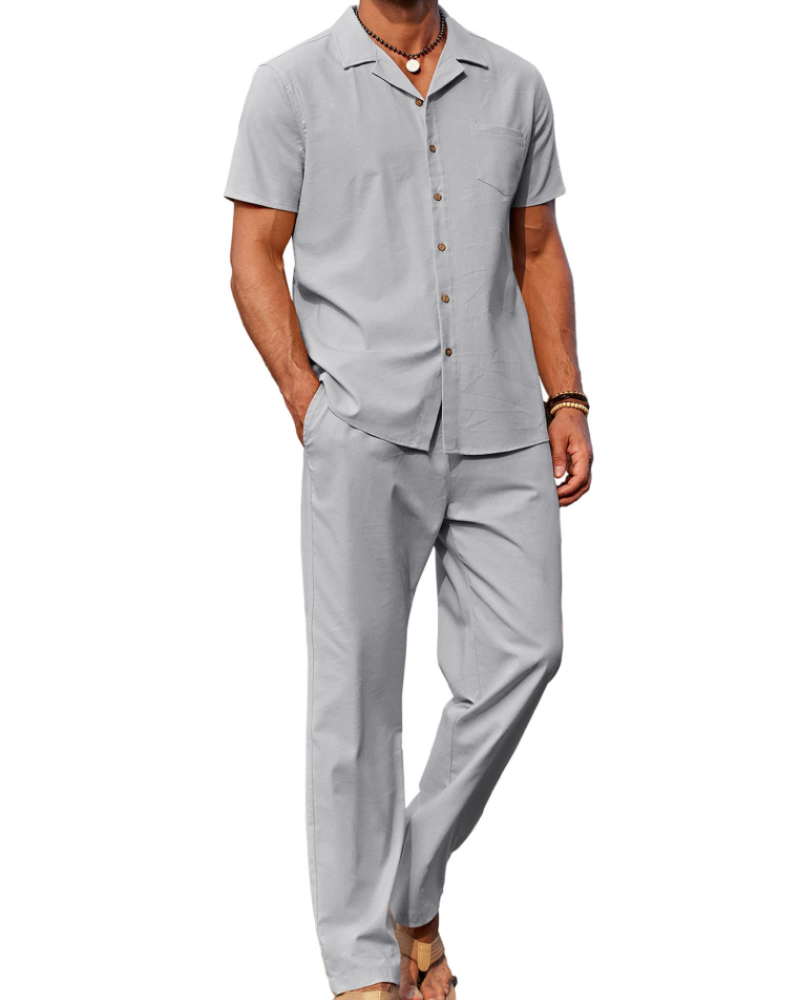 Conjunto de homem Maëlan de 2 peças – Camisa com gola cubana e calças largas em algodão, viscose e linho