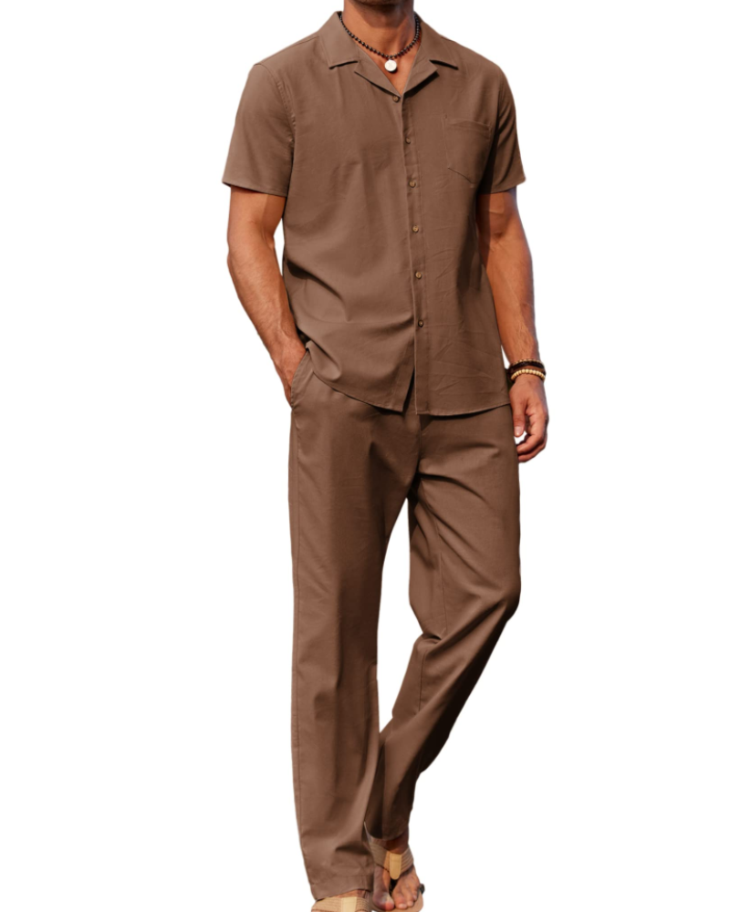 Conjunto de homem Maëlan de 2 peças – Camisa com gola cubana e calças largas em algodão, viscose e linho