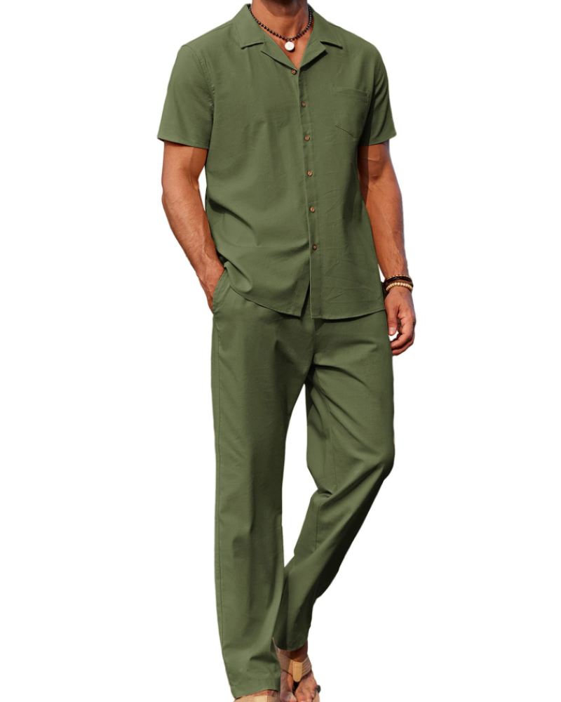 Conjunto de homem Maëlan de 2 peças – Camisa com gola cubana e calças largas em algodão, viscose e linho