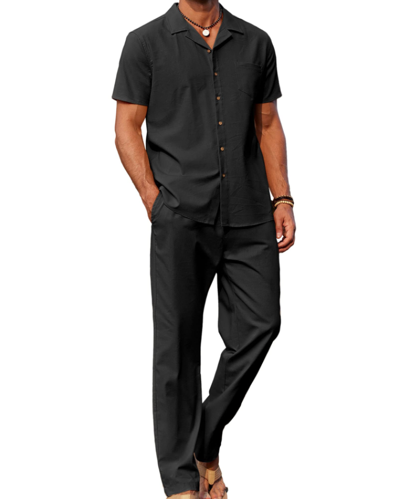 Conjunto de homem Maëlan de 2 peças – Camisa com gola cubana e calças largas em algodão, viscose e linho