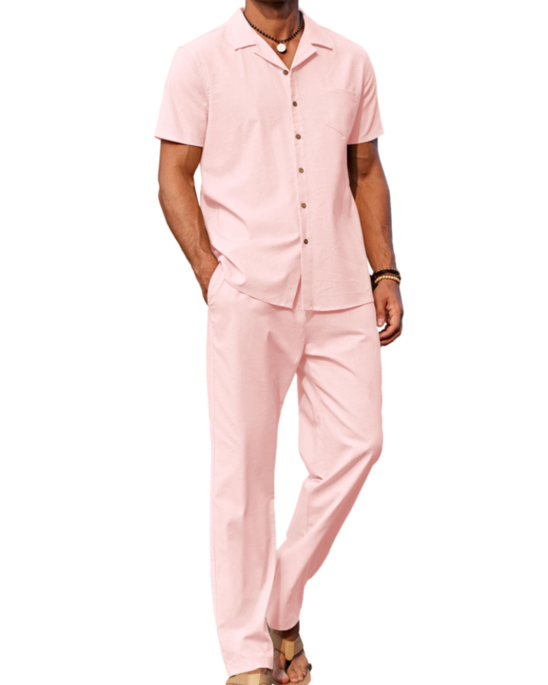Conjunto de homem Maëlan de 2 peças – Camisa com gola cubana e calças largas em algodão, viscose e linho