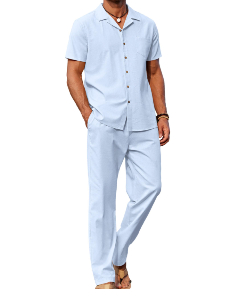 Conjunto de homem Maëlan de 2 peças – Camisa com gola cubana e calças largas em algodão, viscose e linho