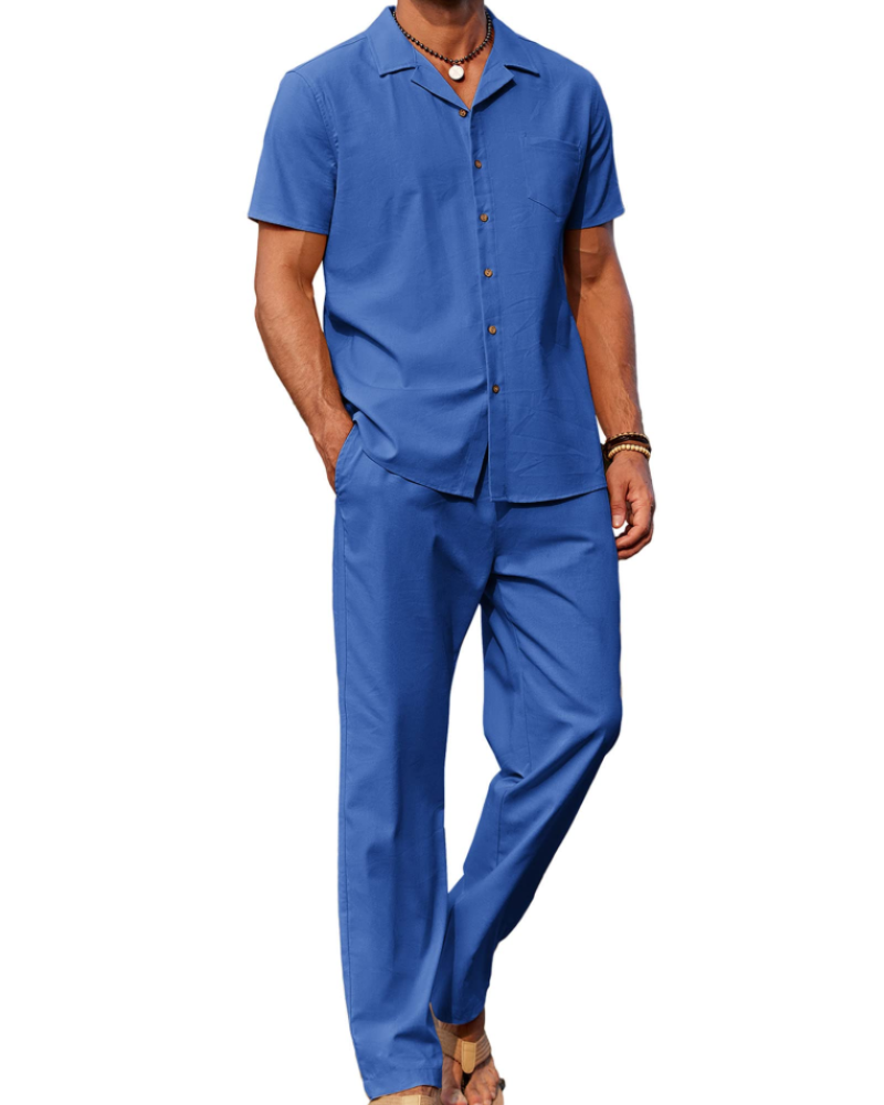Conjunto de homem Maëlan de 2 peças – Camisa com gola cubana e calças largas em algodão, viscose e linho