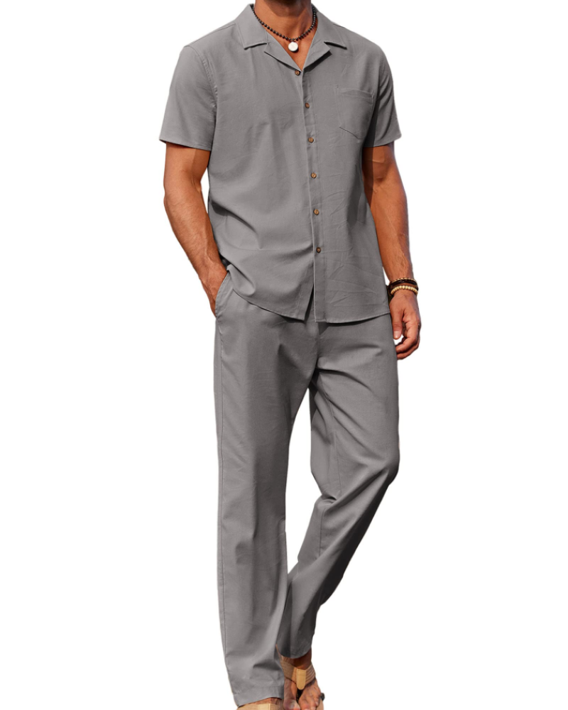 Conjunto de homem Maëlan de 2 peças – Camisa com gola cubana e calças largas em algodão, viscose e linho